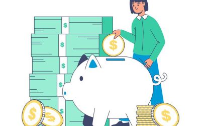 money-saving-woman-with-piggy-bank-collecting-dollar-banknotes-gold-coins-vector-illustration_627510-526