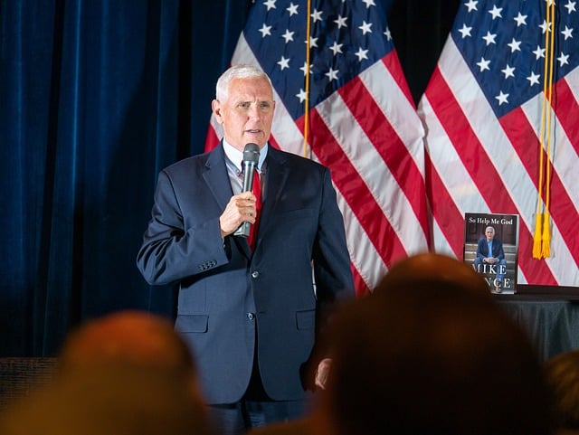 Mike Pence speaks at an event held March 2, 2023 at Bob Jones University in Greenville, SC